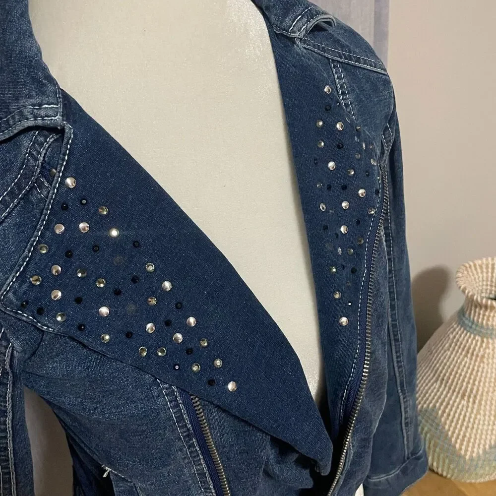 Justice Girls Studded Cotton Denim Moto Jacket Rhinestone Size 8 Back to School